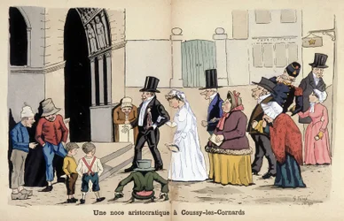 Cartoon on French society by Lavrate: an aristocratic wedding in Coussy les Cornards. 1880
