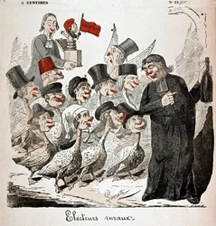 Eleitores rurais: eleitores representados como gansos e atraídos por um padre com álcool - desenho de Lavrate