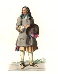Camponês francês do século XVII, após uma gravura de 1679, de Jean Saint Jean - Litografia de uma ilustração de Edmond Lechevallier-Chevignard (1825-1902), de "Costumes historiques des 16e