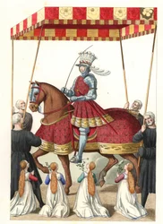 Rei Luís XII da França (1462-1515), depois de uma miniatura de Jean Marot (ou Desmarets, cerca de 1450-circa 1526) - Litografia de uma ilustração de Edmond Lechevallier-Chevignard (1825-1902), de "trajes históricos do século XVI