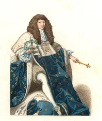 O jovem rei Luís XIV da França (1638-1715), após um peinture do Musee de Blois (França) -Litografia após uma ilustração de Edmond Lechevallier-Chevignard (1825-1902), de "Costumes historiques des 16th