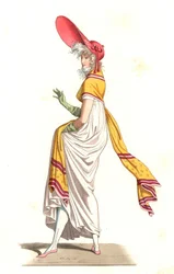 Jovem francesa vestida à moda do Maravilhoso do século XVIII, depois de uma pintura de Carle Vernet (1758-1836) - Litografia depois de uma ilustração de Edmond Lechevallier-Chevignard (1825-1902), de "Costumes historiques des 16th