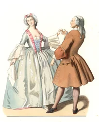 Mestre de dança e um jovem veneziano, leão de dança na Itália do século XVIII, baseado numa pintura de Pietro Longhi (1701-1785) - Litografia baseada numa ilustração de Edmond Lechevallier-Chevignard (1825-1902), extraída de "Trajes Históricos do século XV