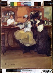 Belle Epoque: ""O bar Tabarin"" Clientes no balcão da sala de revisão (Bal) no bairro Pigalle de Paris. Pintura de Edmond Lempereur (1876-1909) 1905 Museu Hermitage, São Petersburgo (São Petersburgo)