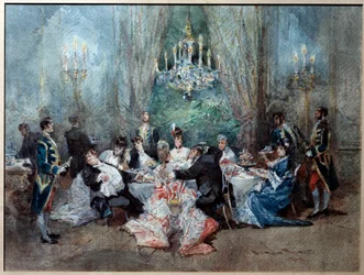 Cena da refeição. Ilustração para a cena 10 do Acto II de "O Reveillon" de Henri (Henry) Meilhac (1830-1897) e Ludovic Halevy (1834-1908) no Palácio Real