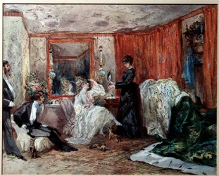 A comediante de teatro Hortense Schneider (1833-1920), senhora de Jacques Offenbach (1819-1890), representa à esquerda em seu camarim no Theatre des varietes. Aguarela de Edmond Morin (1824-1882) 1873 Compiegne, Museu do Castelo