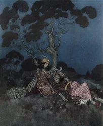A Bela e o Monstro: a Bela assustada pelo Monstro que se encontra perto dela, c.1910 (litografia)