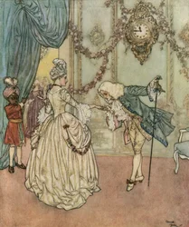 Cinderela: A jovem Cinderela foi ao baile graças à sua madrinha e conhece o príncipe que lhe beija a mão, c.1910 (litografia)