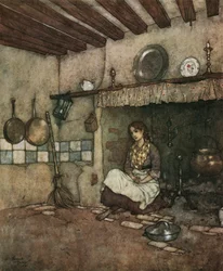 Cinderela: a jovem Cinderela sentada entre as cinzas da chaminé, c.1910 (litografia)