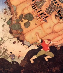 «Olá, amigo, leva aos ombros o castelo inteiro, com a rainha e tudo o que ele contém», ilustração do conto de fadas belga Os Sete Conquistadores da Rainha do Mississippi, de Edmund Dulac