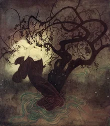 "Nas suas lutas frenéticas, o capuz do seu manto caiu para trás do seu deslumbrante cabelo dourado, e imediatamente todo o lugar foi inundado de luz", ilustração do conto de fadas inglês The Buried Moon, do Fairy-Book de Edmund Dulac: Fairy Tales of the A