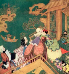 «Laideronnette beijou e abraçou a boa Fada Protetora», ilustração do conto de fadas francês A Serpente Verde, de Fairy-Book de Edmund Dulac: Contos de fadas das nações aliadas, publicado em 1916