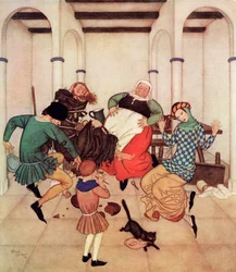«O frade, firmemente amarrado ao poste, contorcia-se e debatia-se, mostrando claramente que fugiria a pé se pudesse», ilustração do conto de fadas inglês O Frade e o Rapaz, de Fairy-Book de Edmund Dulac: Contos de fadas das nações aliadas, publicado em