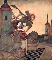 «O Príncipe, olhando para fora, viu-o arrebatar a Princesa e voar rapidamente para longe», ilustração do conto de fadas sérvio A História de Bashtchelik, de O Livro de Contos de Fadas de Edmund Dulac: Contos de Fadas das Nações Aliadas, publicado em 1916