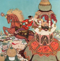 «O cavalo alazão parecia pairar no ar no ponto mais alto do salto enquanto aquele beijo durava», ilustração do conto de fadas russo Ivan e o cavalo alazão, do Livro de contos de fadas de Edmund Dulac: Contos de fadas das nações aliadas, publicado em 1916