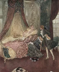 A bela adormecida: O Príncipe Encantado descobre a rapariga adormecida, c.1910 (litografia)