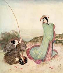 «Urashima estava tão encantado que não conseguia dizer uma palavra», ilustração do conto de fadas japonês A História de Urashima Taro, de O Livro de Contos de Fadas de Edmund Dulac: Contos de Fadas das Nações Aliadas, publicado em 1916