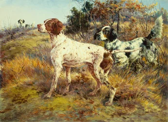 Um Pointer alemão de pelo curto e dois Setters numa paisagem (óleo sobre tela)