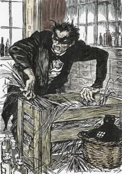 O Dr. Jekyll procura desesperadamente os pós que lhe permitem desbaratar o seu carácter de Sr. Hyde, Ilustração de Edmund Joseph Sullivan (1869-1933) para o romance "L