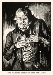 As características pareciam derreter e alterar" do "Strange Case of Dr. Jekyll and Mr Hyde" de Robert Louis Stevenson (1850-1894) ilustrado por E. J. Sullivan (1869-1933)