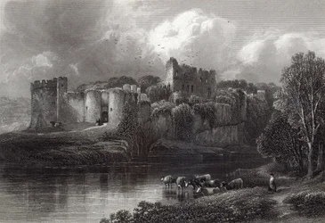 Castelo de Chepstow, gravado por R. Hinshelwood, impresso pela Cassell und Company Ltd