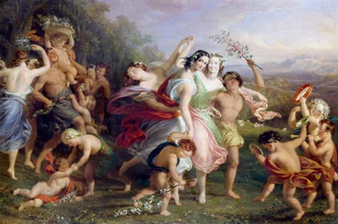 "Matinee de mai" Dança e roda de figuras do bosque, crianças envoltas em flores. Pintura de Edmund Thomas Parris (1793-1873) 1859