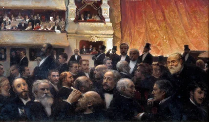 Intermission, uma estreia no Comedie francês Entre os espectadores: na banheira, Henri Rochefort e Leon Gambetta, no camarim da cena de vanguarda no topo, Jules Ferry, d