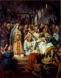 Uma característica da vida de Fredegonde também diz "A morte de Santo Pretexto, eveque de Rouen". Fredegonde (545-597), esposa de Chilperic I observa Pretextat de Rouen que ela havia assassinado na catedral de Rouen em 586. Pintura de Edouard Cibot (1799-1