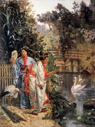 "Duas mulheres japonesas de quimono a cuidar de cisnes e a pescar (). Pintura de Edouard Castres (1838-1902) Coleção particular