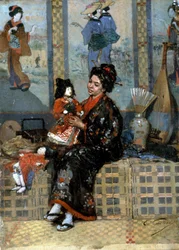 A nova boneca. Mulher de quimono com uma boneca de porcelana (ou fantoche). Influência do Japão e do Extremo Oriente na pintura impressionista europeia. Pintura de Edouard Castres (1838-1902)