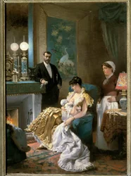Antes do baile. Uma mãe em vestido de noite amamenta o bebé antes de sair com o marido e deixar o bebé com a criada. Pintura de Édouard Debat-Ponsan (1847-1913). 1886. Museu de Belas-Artes de Tours