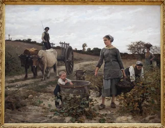 Canto da videira; Languedoc. Cena rural com um homem em uma carroça, mulheres colhendo uvas e uma criança comendo os frutos colhidos. Pintura de Edouard Debat Ponsan (1847-1913), Oil On Canvas