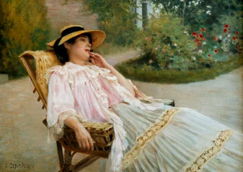 A sesta Madame Edouard Debat Ponson no terraço. Pintura de Edouard Debat Ponsan (1847-1913)