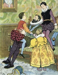 Rei de França Henri IV brincando com os seus filhos (1553-1610) Ilustração de Edouard Zier em "Nos-Gloriers-Nationales", privee da colecção de 1920