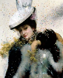 Um casamento de inverno. Uma jovem vestida com um casaco de peles, um cachecol e um chapéu com véu sorri sob uma chuva de confettis. Pintura de Edouard Frederic Wilhelm Richter (1844-1913) Óleo sobre tela. Coleção particular.