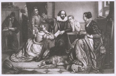 Shakespeare com sua família, em Stratford, Reciting the tragédia Hamlet (stipple gravura und etching)
