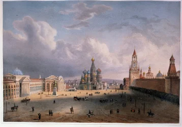 Vista da Praça Vermelha em Moscou (Rússia). Obra de Edouard Jean Marie Hostein (1804-1889), litografia colorida em aquarela, por volta de 1830, arte francesa do século XIX. A. Museu Memorial Pushkin, São Petersburgo.