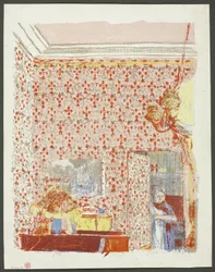 Interior com papel de parede cor-de-rosa I, prato cinco de Paisagens e interiores