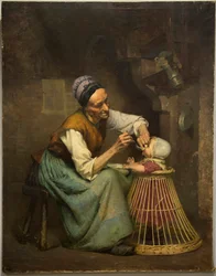 Uma mulher idosa alimenta a sua neta, segurada num carrinho de vime, de Edouard Jerome Paupion