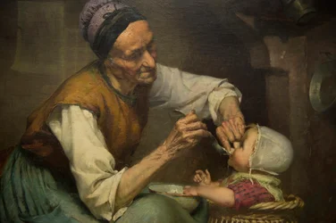 Uma mulher idosa alimenta a sua neta, segurada num carrinho de vime, por Edouard Jerome Paupion