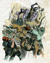 Ilustração de Edouard Frere (1797-1874) e Theodore Lix (1830-1897) para "" Ivanhoe "" de Walter Scott (1771-1832), escritor escocês: Cena de batalha, cerco ao castelo.