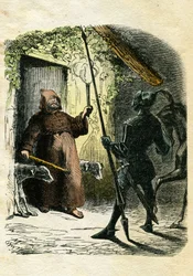 Ilustração de Edward Frère (1797-1874) e Theodore Lix (1830-1897) para «Ivanhoe», de Walter Scott (1771-1832), escritor escocês: o Cavaleiro Negro aceita a hospitalidade de um eremita na floresta.
