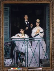 Varanda Duas jovens mulheres segurando uma ventoinha e um guarda-chuva e um homem de gravata. Retrato de Berthe Morisot (1841-1895), pintor francês, Fanny Claus (1846-1877), violinista, Antoine Guillemet (1841-1918), paisagista e fundo Leon Leenhoff. Pintu