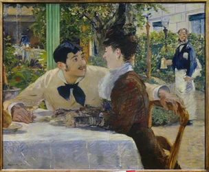 Do Padre Lathuille. Ao ar livre Um casal bebendo uma taça de champanhe no terraço de um restaurante ao ar livre perto da Place de Clichy em Paris (Montmartre). Pintura de Edouard Manet (1832-1883) 1879 Tournai. Museu de Belas Artes