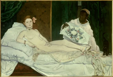 Olympia. Jovem mulher nua numa cama com a sua criada negra a trazer-lhe um ramo de flores. Pintura de Édouard Manet (1832-1883), 1863. A. 1,3 x 1,9 m, Paris, Museu d