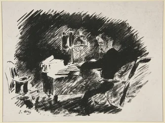 Sob a lâmpada, primeira ilustração da tradução de Mallarmé de «O Corvo» de Poe