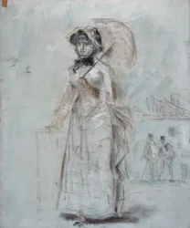 Mulher andando com um guarda-chuva aberto, 1880