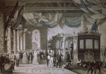 Rainha Victoria (1819-1901) e Príncipe Albert (1819-1861) Chegando na Estação Gosport, Hampshire, gravada por Bayot & Cuvilier, 1846