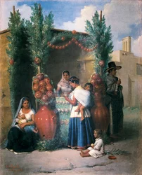 Cena perto de um bar em uma rua no México: uma mulher está amamentando seu filho, outra bebe e carrega seu filho nas costas, uma criança está brincando no chão. Pintura de Edouard Pingret (1788-1875), meados do século XIX. Cidade do México. Banco Nacional