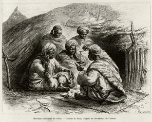 Um comerciante fascina um cliente, sentado no chão, sobre um pequeno tapete, ele faz o artigo segurando uma balança. Gravado por Riou, para ilustrar a história "From Niger to the Gulf of Guinee", do capitão Louis Gustave Binger (1856-1936), em 1887-1889, i